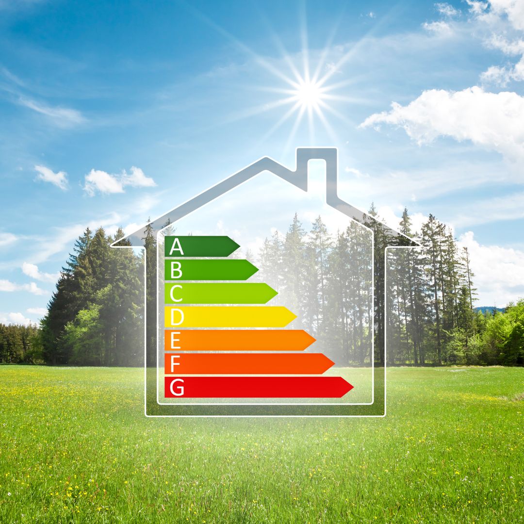 a home icon over a image of green field